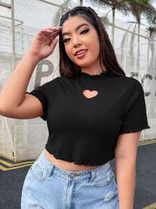 SHEIN EZwear Áo thun Plus size Cắt ra Gân đan Xù nhỏ màu trơn Giải trí - màu đen - Xem 1