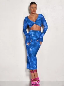 SHEIN BAE 紮染前扭結短款上衣和鉛筆裙 - 藍色 - 查看 6