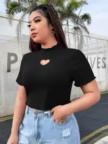 SHEIN EZwear Áo thun Plus size Cắt ra Gân đan Xù nhỏ màu trơn Giải trí - màu đen - Xem 3