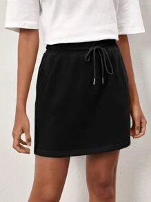 SHEIN BASICS Terry Fleece Drawstring Waist Solid Skirt - Black - View 1