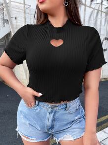 SHEIN EZwear Áo thun Plus size Cắt ra Gân đan Xù nhỏ màu trơn Giải trí - màu đen - Xem 5