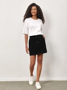 SHEIN BASICS Terry Fleece Drawstring Waist Solid Skirt - Black - View 3