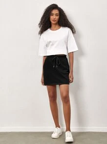 SHEIN BASICS Terry Fleece Drawstring Waist Solid Skirt - Black - View 4