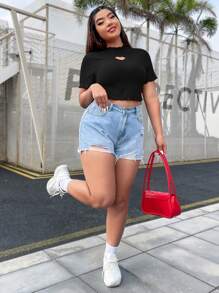 SHEIN EZwear Áo thun Plus size Cắt ra Gân đan Xù nhỏ màu trơn Giải trí - màu đen - Xem 6