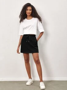 SHEIN BASICS Terry Fleece Drawstring Waist Solid Skirt - Black - View 5
