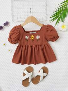 SHEIN Áo sơ mi bé gái Thêu Viên lá sen Hoa Dễ thương - màu nâu - Xem 1