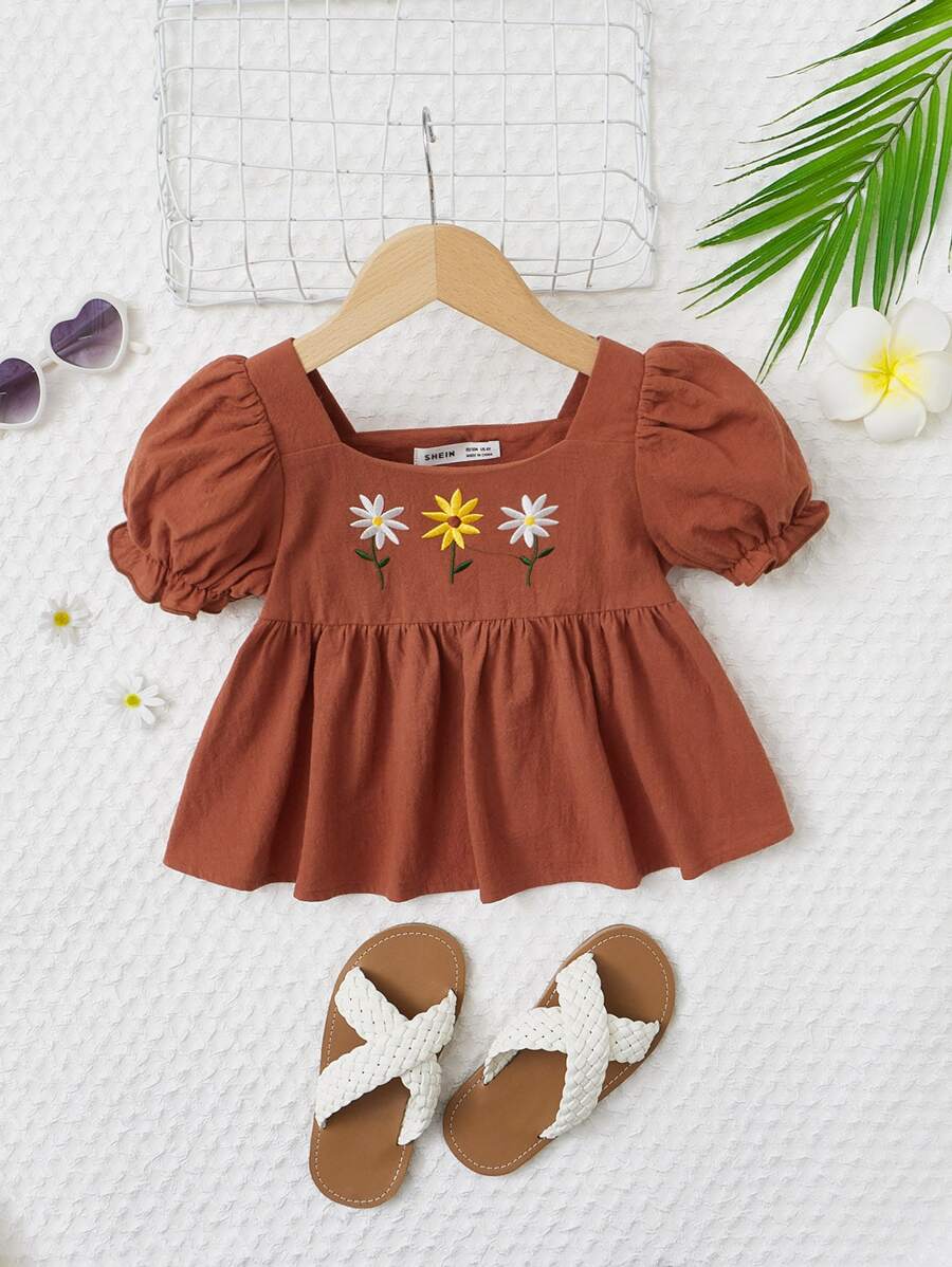 SHEIN Áo sơ mi bé gái Thêu Viên lá sen Hoa Dễ thương - màu nâu - Xem 1