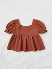 SHEIN Áo sơ mi bé gái Thêu Viên lá sen Hoa Dễ thương - màu nâu - Xem 2