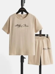 SHEIN Boys Letter Graphic Tee & Shorts - Khaki - View 1