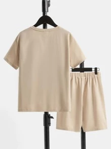 SHEIN Boys Letter Graphic Tee & Shorts - Khaki - View 2