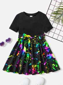 SHEIN Toddler Girls Splash Ink Print Belted Dress - Multicolor - View 1