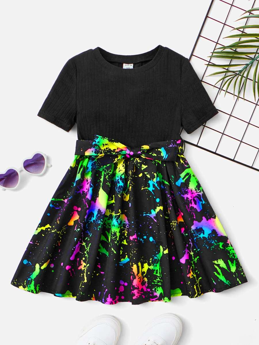 SHEIN Toddler Girls Splash Ink Print Belted Dress - Multicolor - View 1