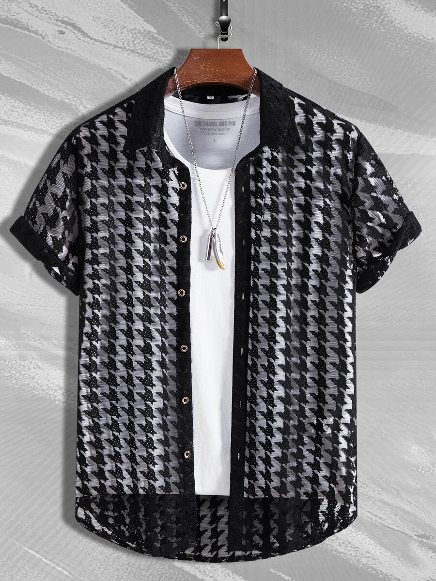 Manfinity Men Houndstooth Print Shirt Without Tee - Black - View 1