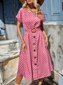 SHEIN Clasi Polka Dot Button Front Belted Dress - Multicolor - View 1