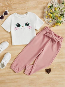 SHEIN Toddler Girls Cartoon Graphic Tee & Paperbag Waist Belted Pants - Multicolor - View 1