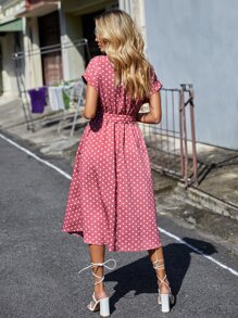 SHEIN Clasi Polka Dot Button Front Belted Dress - Multicolor - View 2