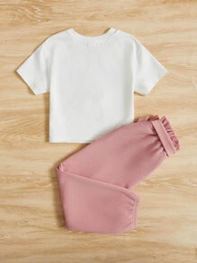 SHEIN Toddler Girls Cartoon Graphic Tee & Paperbag Waist Belted Pants - Multicolor - View 2