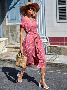 SHEIN Clasi Polka Dot Button Front Belted Dress - Multicolor - View 3