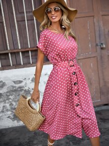 SHEIN Clasi Polka Dot Button Front Belted Dress - Multicolor - View 5