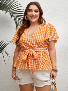 SHEIN VCAY Plus Gingham Print Surplice Neck Belted Blouse - Multicolor - View 1