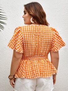 SHEIN VCAY Plus Gingham Print Surplice Neck Belted Blouse - Multicolor - View 2