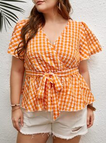 SHEIN VCAY Plus Gingham Print Surplice Neck Belted Blouse - Multicolor - View 3