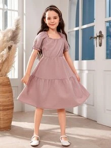 Chicas 1 pieza Vestido de cuello cuadrado de manga farol bajo con fruncido - Rosa vieja - Ver 1