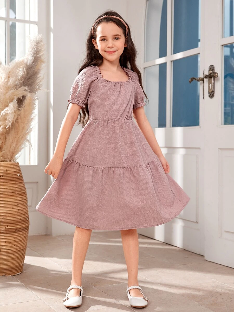 Chicas 1 pieza Vestido de cuello cuadrado de manga farol bajo con fruncido - Rosa vieja - Ver 1