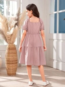 Chicas 1 pieza Vestido de cuello cuadrado de manga farol bajo con fruncido - Rosa vieja - Ver 2