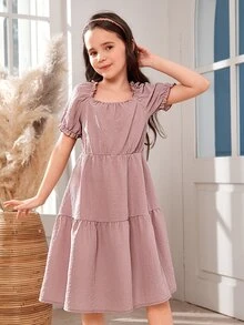 Chicas 1 pieza Vestido de cuello cuadrado de manga farol bajo con fruncido - Rosa vieja - Ver 6