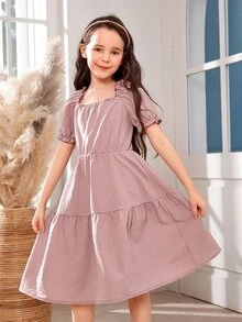 Chicas 1 pieza Vestido de cuello cuadrado de manga farol bajo con fruncido - Rosa vieja - Ver 4