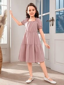 Chicas 1 pieza Vestido de cuello cuadrado de manga farol bajo con fruncido - Rosa vieja - Ver 7