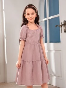 Chicas 1 pieza Vestido de cuello cuadrado de manga farol bajo con fruncido - Rosa vieja - Ver 5