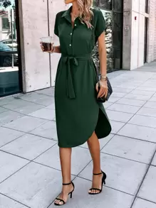 SHEIN LUNE 弧形下擺腰帶襯衫洋裝