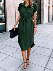 SHEIN LUNE 弧形下擺腰帶襯衫洋裝