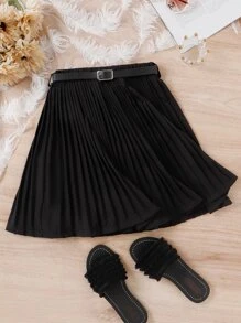 Girls Solid Pleated Skirt - Black - View 1
