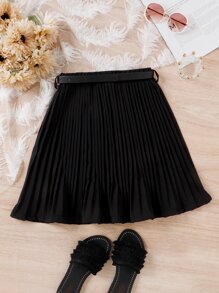 Girls Solid Pleated Skirt - Black - View 2