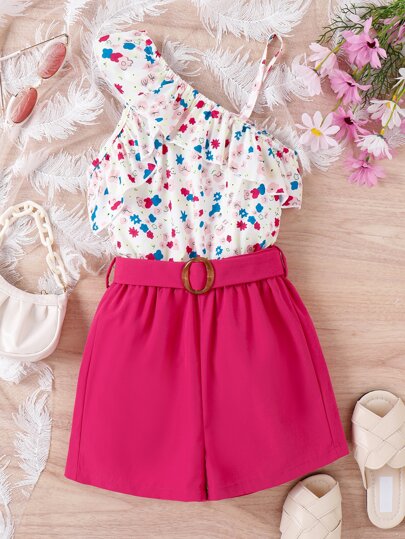 SHEIN Girls Ditsy Floral Print Ruffle Trim Top & Shorts