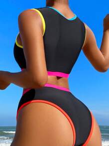 SHEIN Swim Conjunto de bikini con cenefa de contraste para verano y playa - Negro - Ver 2
