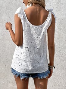 Chiquease Eyelet Embroidery Tie Shoulder Blouse - White - View 2