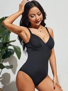 Solid One Piece Swimsuit With Fruit Print Beach Skirt - Multicolor - View 2