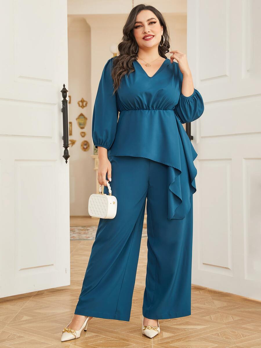 Modelyn Bộ thời trang Plus Size Bất đối xứng màu trơn Thanh lịch - Màu xanh bụi bặm - Xem 1