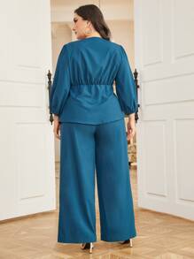 Modelyn Bộ thời trang Plus Size Bất đối xứng màu trơn Thanh lịch - Màu xanh bụi bặm - Xem 2