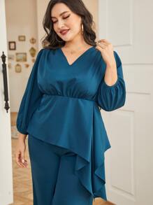 Modelyn Bộ thời trang Plus Size Bất đối xứng màu trơn Thanh lịch - Màu xanh bụi bặm - Xem 3