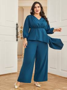 Modelyn Bộ thời trang Plus Size Bất đối xứng màu trơn Thanh lịch - Màu xanh bụi bặm - Xem 6