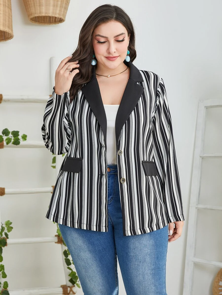 Modelyn Plus Notched Collar Striped Blazer - Black and White - View 1