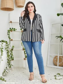 Modelyn Plus Notched Collar Striped Blazer - Black and White - View 3