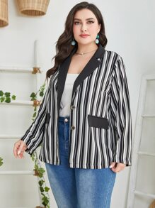 Modelyn Plus Notched Collar Striped Blazer - Black and White - View 5