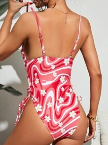 Bañador una pieza floral con con estampado de mármol con cordón lateral - Multicolor - Ver 2