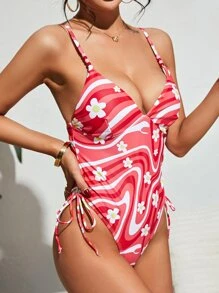 Bañador una pieza floral con con estampado de mármol con cordón lateral - Multicolor - Ver 1